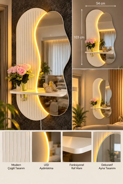 Mars Desing Krem Dalga Desenli Led Işıklı Raflı Duvar Aynası Dekoratif Antre ...