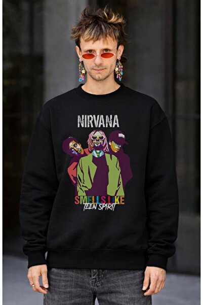 Fuddy Moda Hanorac unisex oversize cu imprimeu Nirvana Smells Like, fără glug...