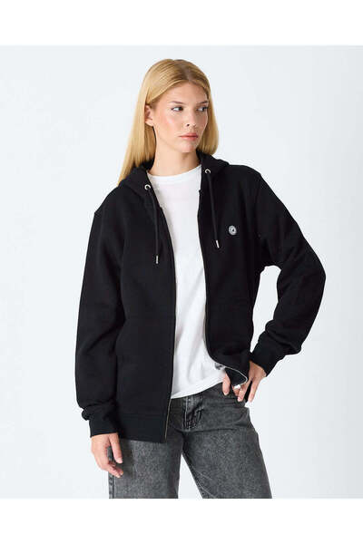 Unisex Fermuarlı Kapüşonlu Sweatshirt Hırka 3 İplik Şardonlu Organik Pamuk Aplike Logolu