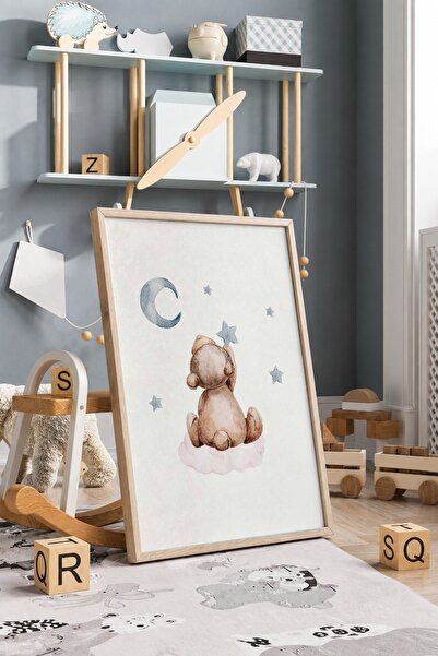 KEYFHOME Poster cu tablou MDF cu ursuleț de pluș care adună stele, decor de p...