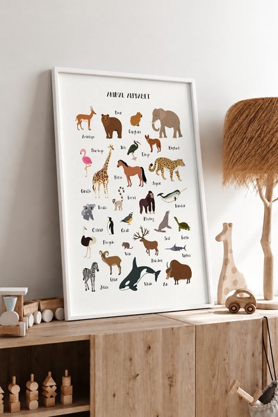 KEYFHOME Animal Alphabet Educational MDF Table Poster cu ramă pentru camera c...