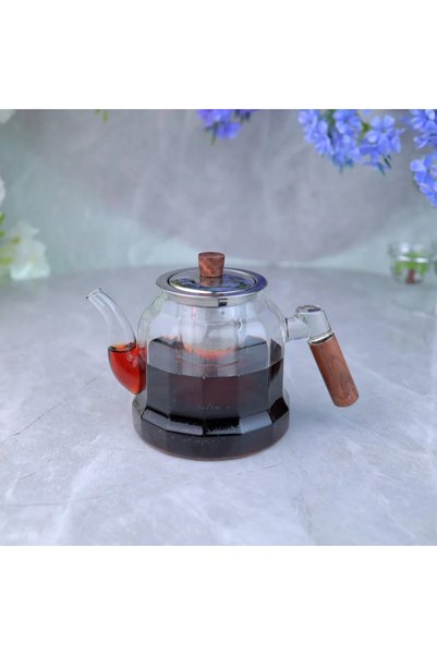 Generic إبريق شاي زجاجي بمقبض خشبي بتصميم أنيق ــ شفاف وبني ــ 1 لتر