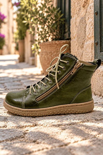İNZE AYAKKABI Genuine Leather Lace-Up Zippered Casual Boots Model Name: Maat