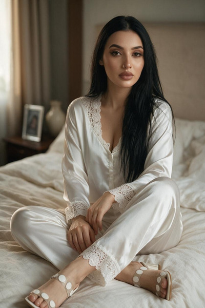 SATTENS Lace-Embellished Stylish Model Satin Pajama Set with Dowery Box - Swe...
