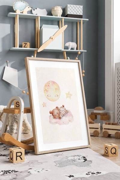 KEYFHOME Poster cu tablou MDF cu ursuleț de pluș care doarme în nor, decor de...