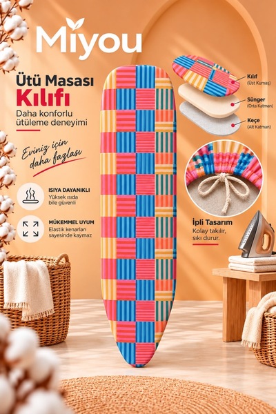Özel Tasarım Ütü Masası Kılıfı Miyou (Teflon Ütü Tabanlığı HEDİYE)