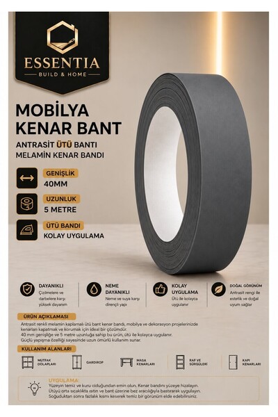 ESBH Mobilya Kenar Bant 40 mm x 5 Metre Antrasit Ütü Bantı Melamin Kenar Bandı