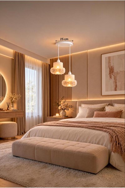 Elizim Home Lighting Alessa 2’li Tütü Avize – Beyaz Tepsili Krem Tül Başlıklı...