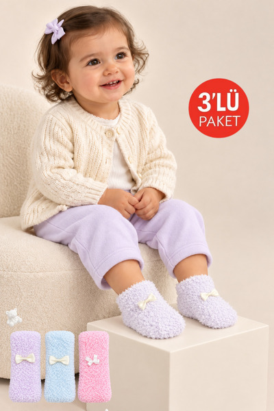 Onouqo 3-Piece Baby Girl Bowknot Plush Sleep Socks Set - Pink Lilac Blue