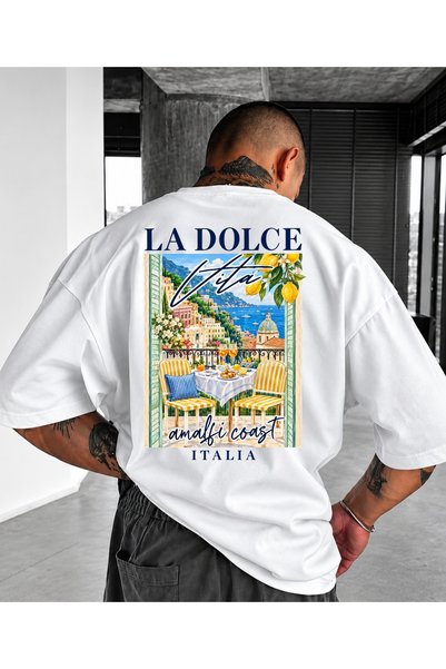 MEN'S WEAR Premium Unisex LA DOLGE ITALIA Baskılı %100 Pamuklu Bisiklet Yaka Kısa Kollu Siyah-Beyaz T-Shirt Tişört BATTALBOY BÜYÜK BEDEN