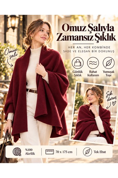 comerciante Burgundy Plain Knitwear Women's Shoulder Shawl Soft Textured Winter Shawl 70X175 cm 100% Acrylic