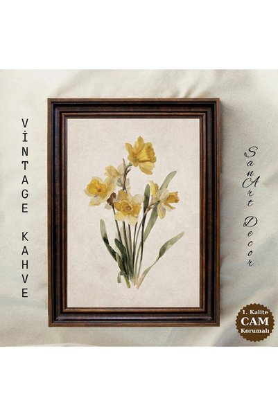 Sanart Sarı Nergis Çiçekleri Vintage Sanat Tablosu, Çerçeveli Duvar Tablosu, ...