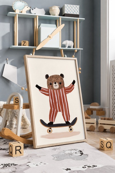 KEYFHOME Skateboarder Teddy Bear Πλαίσιο MDF Πίνακας Αφίσα Διακόσμηση Τοίχου ...