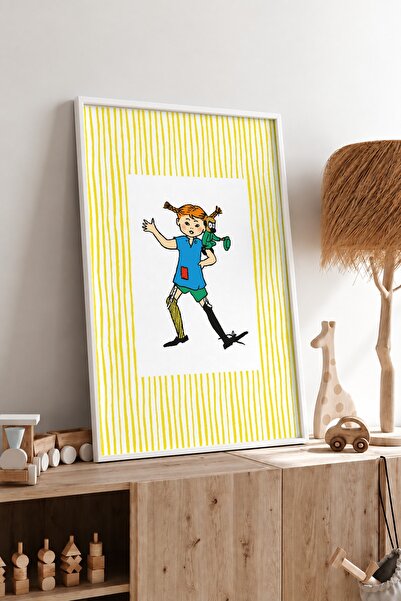KEYFHOME Pippi Galben cu dungi înrămate MDF Tablou Poster Cadou pentru decora...