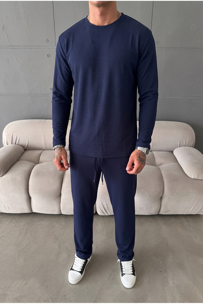 MADZEYMODA Erkek Oysh Kumaş Bisiklet Yaka Lacivert Sweat & Pantolon Alt Üst 2'li Takım MZ-2616