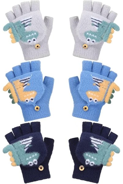 Tazweeq 3Pcs Convertible Mittens Kids, Knitted Warm Fingerless Gloves, Cute D...