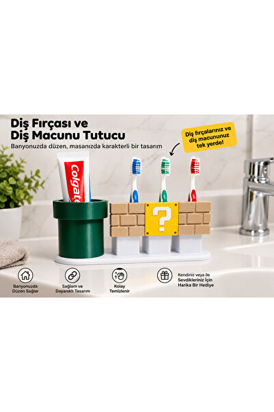Oyun Temalı Diş Fırçası ve Diş Macunu Tutucu | 3D Baskı Banyo Düzenleyici