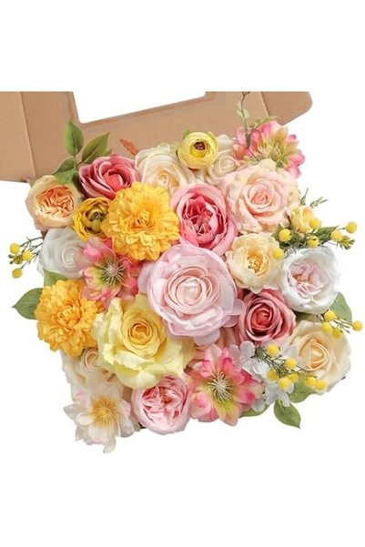 SYOSI Artificial Flower Assortment for DIY, Pink & Yellow Bouquet Kit - Weddi...