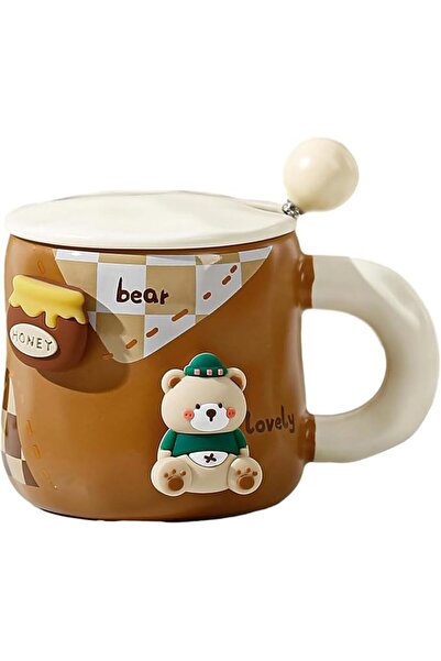 AZONEE Ceramic Coffee Mug, Korean Cartoon Teddy Bear Household Spoon With Lid...