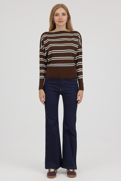 queencity Women's Brown Boat Neck Striped Knit Sweater