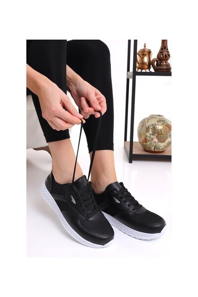 VELLINA Women's Black and White Sole Mesh Anorak Laced Lightweight Sneaker Comfortable Running Shoes with Non-Slip Soles