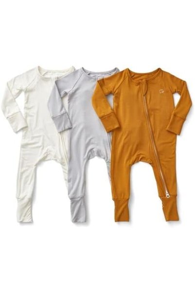 Anvi Baby Set of 3 Bamboo Spandex Zipper Sleepsuit- White/Grey/Mustard