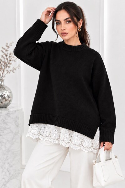 msm fashion Γυναικείο πλεκτό πουλόβερ Oversize με δαντέλα στους ώμους, με λεπ...