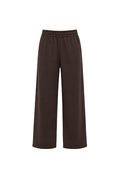 olleo studio Women's Brown Soft Tuşe Wide Leg High Waisted Sweatpants
