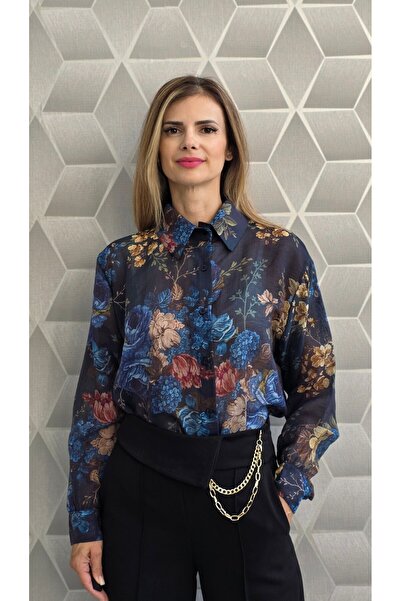 GLAMSI Γυναικείο πουκάμισο Raluca με στάμπα, κουμπιά, μακριά μανίκια – Ναυτικ...