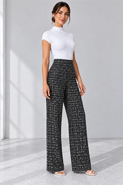 moda wanilia Pantaloni de damă cu talie înaltă, cu picior larg, cu model în c...