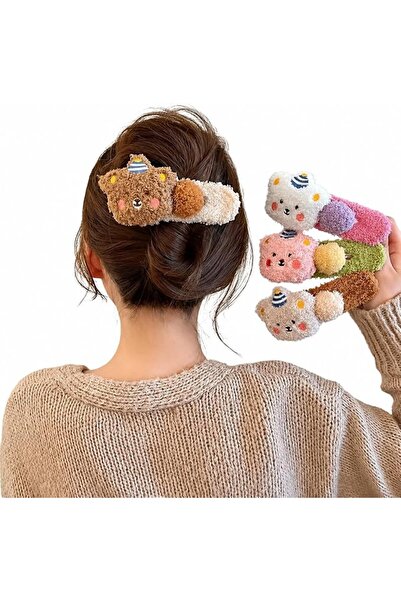 GENERAL 4 Pack Cute Plush Bear Hair Clips, Large Duckbill Side Hairpins for W...