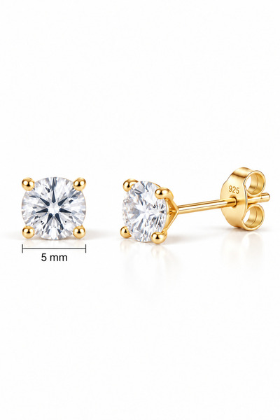 Nereze 925 Ayar Gümüş Gold Kaplama 5 mm Yuvarlak Star Kesim Minimal Tektaş Küpe