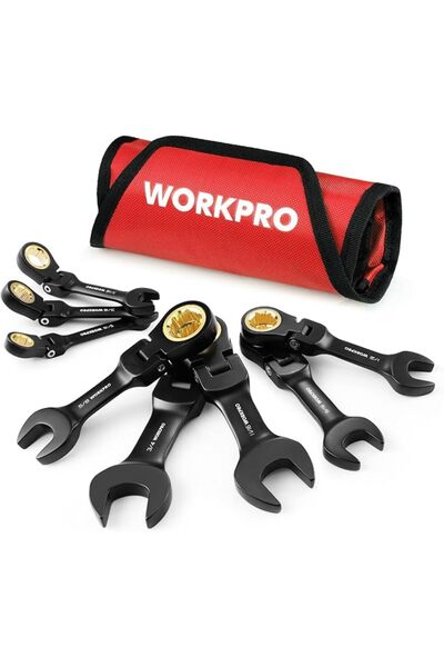 Workpro 8-Piece Stubby Ratcheting Wrench Set, Metric 8-17 mm Flex Head