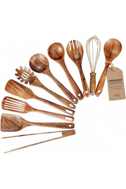 Generic 10 Piece Natural Wood Cooking Utensil Set Kitchen Tool Collection Inc...