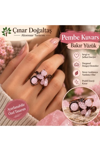 Genel Markalar Pembe Kuvars Doğal Taş Bakır Ayarlanabilir Yüzük – Kadın El Ya...