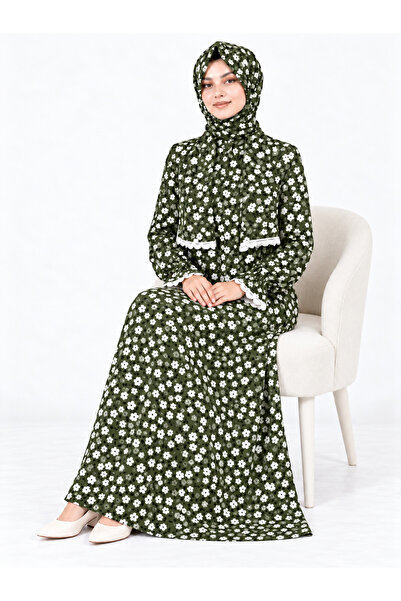 AKPİYYER Viscose Cotton Self-Shalied Full-Length Zippered Practical Prayer Dress with Lace Details