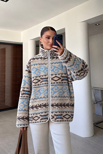 manana fashion Γυναικείο φούτερ με σχέδια από τεχνητό μαλλί και φερμουάρ σε ό...