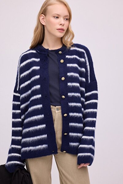 Touché Privé Gold Buttoned Striped Textured Knitted Cardigan