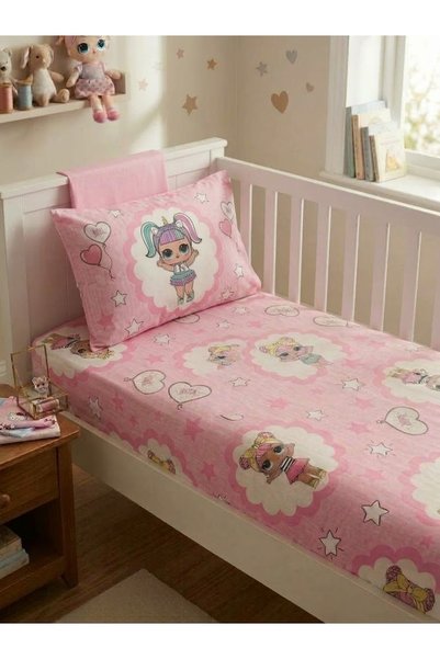Erca Home Tekstil Ürünleri Cotton Ranforce Baby Elastic Sheet and Pillowcase Duvet Cover Set Pink 70 X 120 Pink Lol