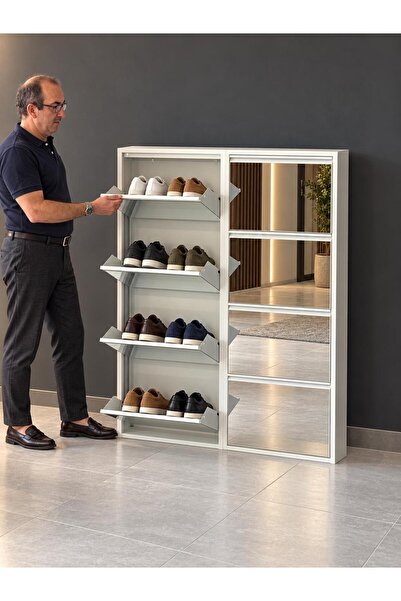 Karlı Home 4+4 Kapaklı Beyaz / Aynalı Metal Ayakkabılık 16 Çift Kapasiteli Şı...