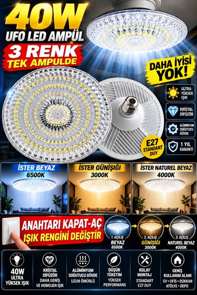 LED PAZARI 40 W UFO LED AMPÜL 3 RENK AÇ BEYAZ KAPAT AÇ GÜNIŞIĞI KAPAT AÇ DOĞA...