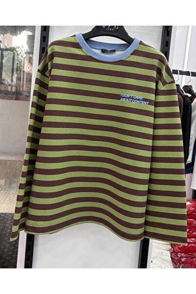 moda gk Çizgili Bisiklet Yaka Oversize Düşük Kol Örme Sweatshirt