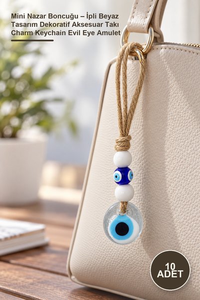Yenilig 10 Adet Mini Nazar Boncuğu – İpli Beyaz Tasarım Dekoratif Aksesuar Takı Charm Keychain Evil Eye Amulet