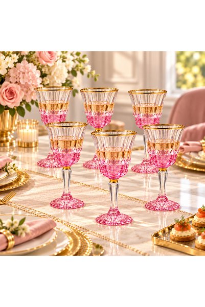 zaTen Pazar Set of 6 Glass Coffee Water Glasses with Footed Base 75 ml Gold Gilded Amber Yellow/Pink/Blue Liquor Glass Presentation Glass Set