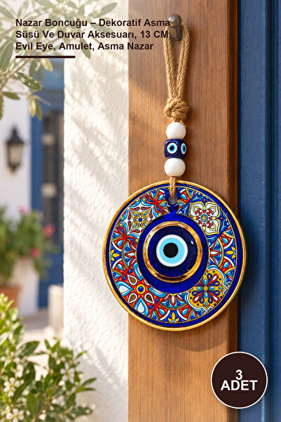 3 Adet Nazar Boncuğu – Dekoratif Asma Süsü Ve Duvar Aksesuarı, 13 CM, Evil Eye, Amulet, Asma Nazar