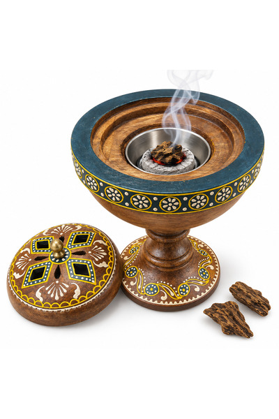 VENDIX Wooden Bakhoor Burner with Lid, Decorative Oud Incense Holder with Met...