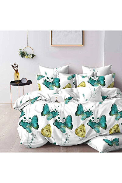 decorami Double bed linen, Finet, 6 pieces, Green, White, butterflies