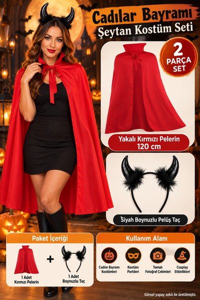 TOYFEST Cadılar Bayramı Şeytan Vampir Kostüm Seti Kırmızı Yakalı Pelerin 120 ...