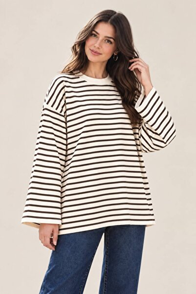 OK BLUME Women's Striped Oversize Crew Neck Sweatshirt