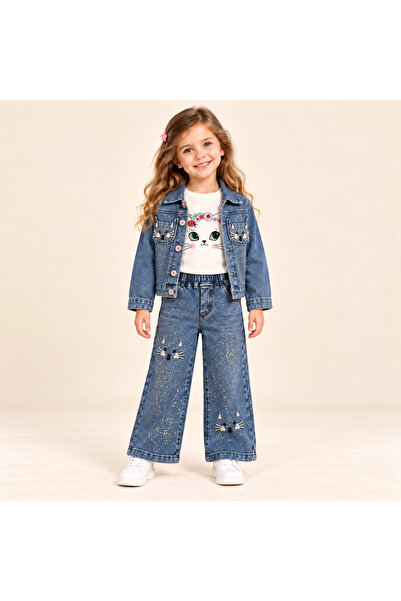 rony pony kids Κοριτσίστικο σετ τζιν 3 τεμαχίων με σχέδιο γάτας – Μπουφάν, μα...